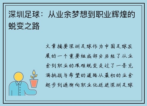 深圳足球：从业余梦想到职业辉煌的蜕变之路