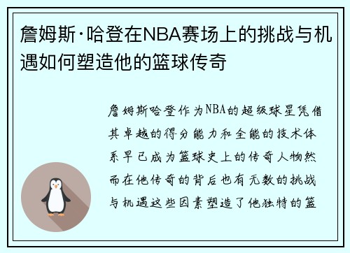 詹姆斯·哈登在NBA赛场上的挑战与机遇如何塑造他的篮球传奇